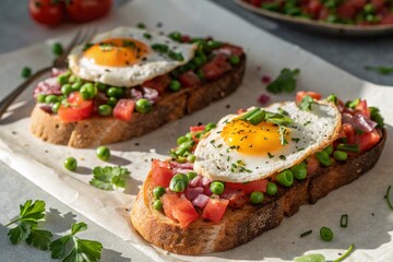 Delicious open faced sandwiches topped with fried eggs and fresh vegetables