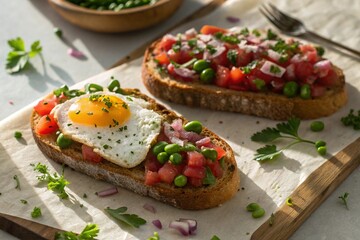 Delicious open faced sandwiches with fried egg and fresh vegetables