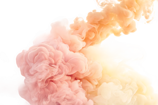 Abstract swirls of pink and peach ink dissolving in dark water creating ethereal cloud like forms