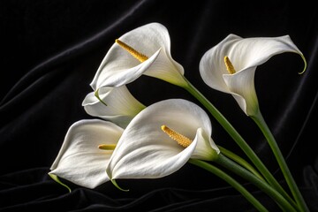 Elegant white calla lilies with yellow centers on a dark background