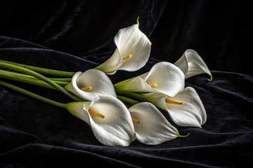 Elegant white calla lilies arranged on a dark velvet background