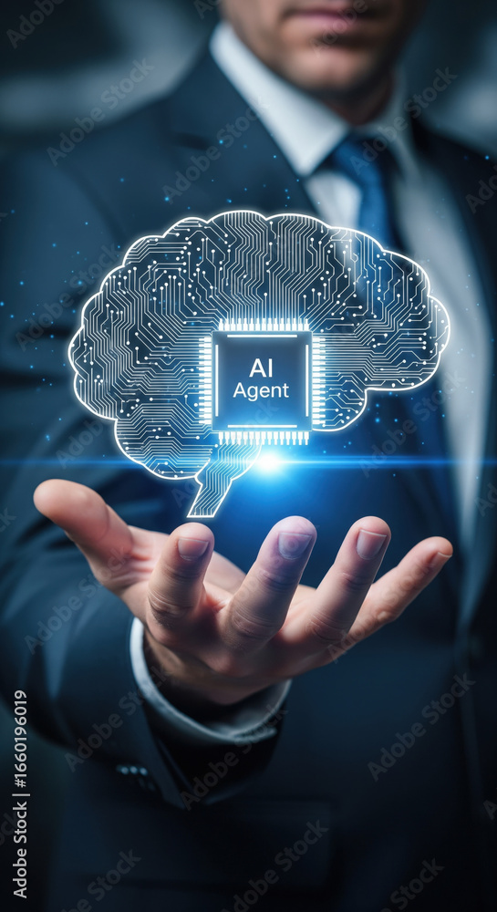 Poster ai agent digital brain artificial intelligence technology innovation business futuristic human hand 