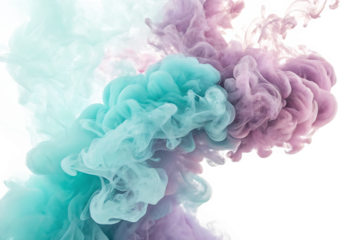 Abstract swirls of pastel pink and teal ink exploding in water against a dark background