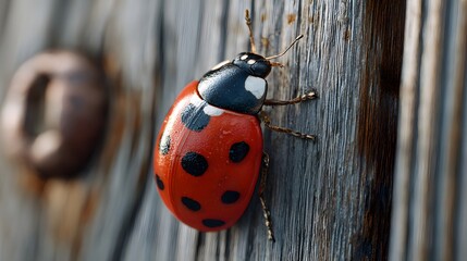 Macro Close-Up of a Vibrant Red Ladybug with Black Spots Crawling on Weathered Wooden Surface