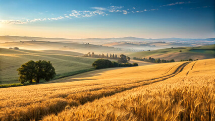 Golden wheat fields with rolling hills under clear blue sky
