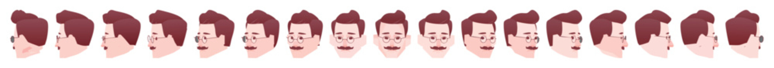 Simple illustrations of a bearded man from various angles. Low poly. Dissatisfied. Silent. Reactions.