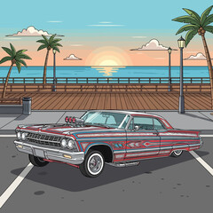 Classic customized car, a vintage lowrider, parked by a scenic beach boardwalk at sunset, evoking a nostalgic concept of carefree summer evenings and unique automotive culture expression.