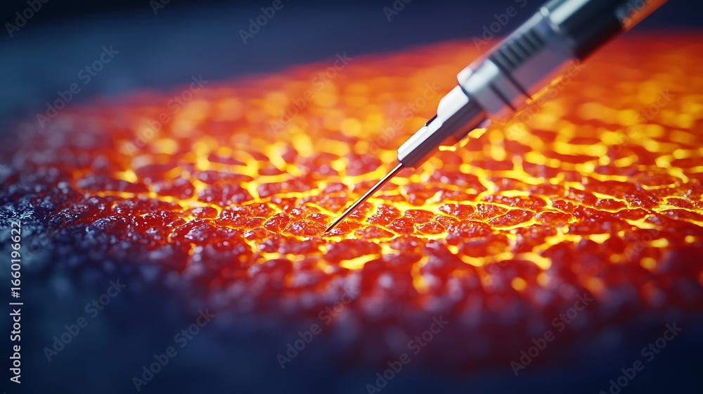 Poster a close-up view of a molten surface, showcasing vibrant colors and textures, with a tool poised abov