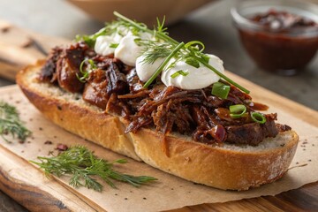Delicious open faced sandwich with shredded meat and creamy topping