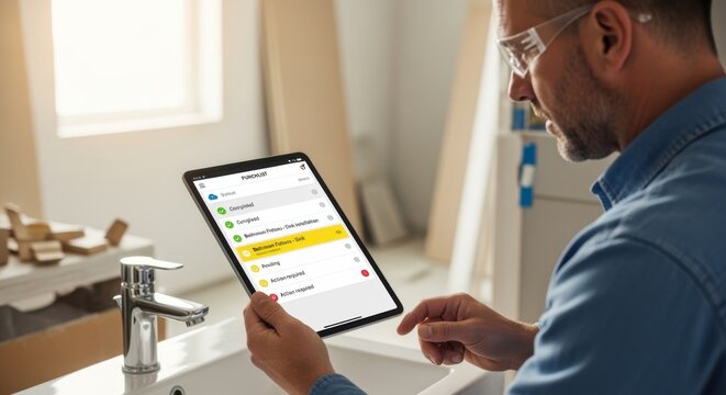 Tablet with cloudconnected punchlist app displaying status updates as a contractor inspects newly installed fixtures indoors.
