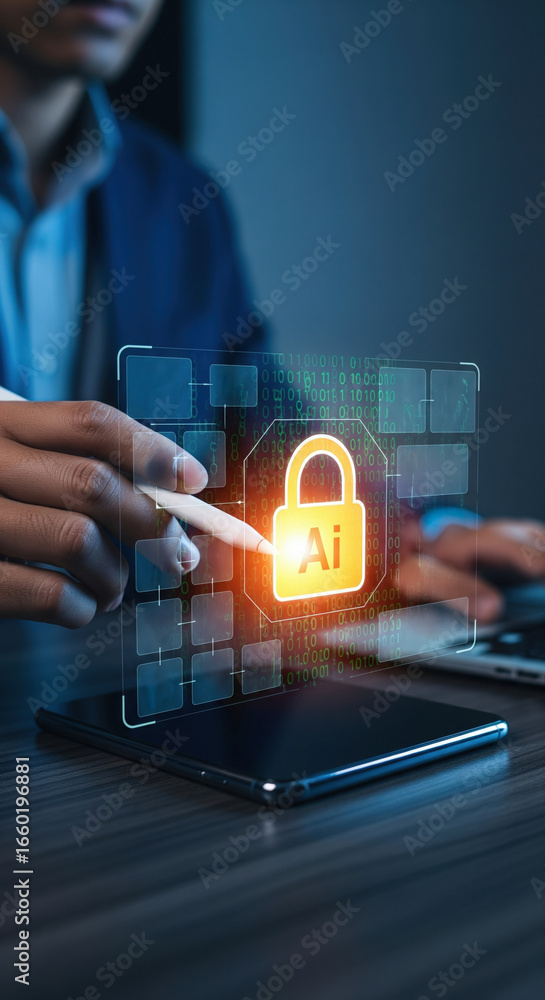 Poster artificial intelligence security concept with glowing lock icon, businessperson using digital pen on