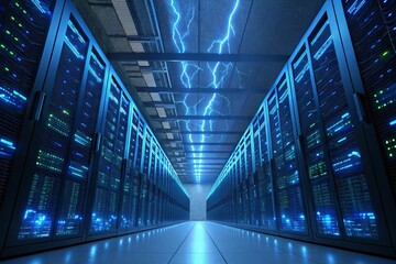 Modern data center server room with glowing blue lights and rows of computer racks