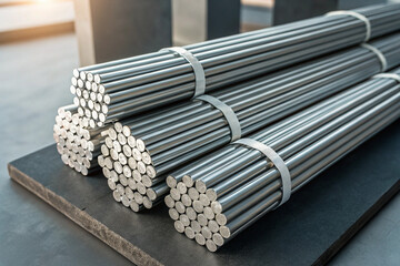 Bundles of metal rods stacked on a surface ready for use