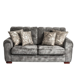 Obraz premium Plush grey sofa with ornate patterned cushions couch furniture, Isolated On Png Transparent Background