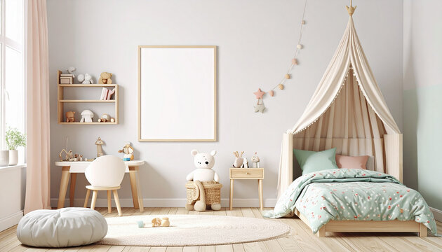 Playful kids bedroom with canopy bed and stuffed bear