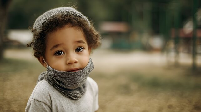 Lonely child in park on a cold winter day
