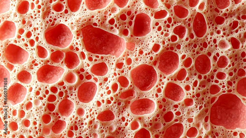 Poster a close-up image of red foam with various sized bubbles, creating an abstract texture that resembles