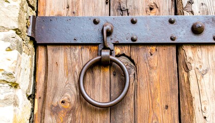 Aged, weathered wooden door with a rustic iron ring handle.