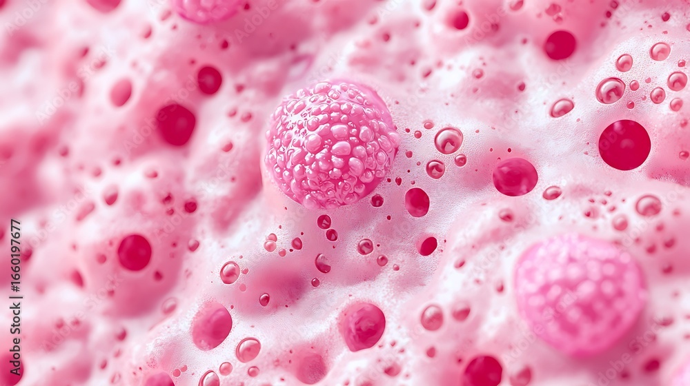 Poster a close-up view of pink textured surface with spherical bubbles, creating an abstract and vibrant vi