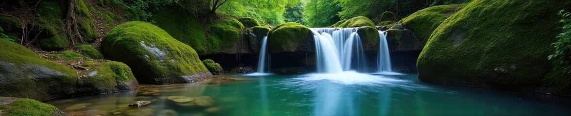 Fototapeta premium Serene waterfall cascading over mossy rocks, creating a tranquil and peaceful atmosphere perfect for relaxation and meditation Ideal for spa, travel, and nature themes , retreat, quiet, energy