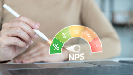 Net promoter score (NPS) dashboard concept for customer satisfaction and business analytics. Hand...