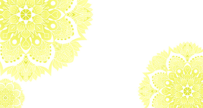 Yellow mandala designs on white background with copy space