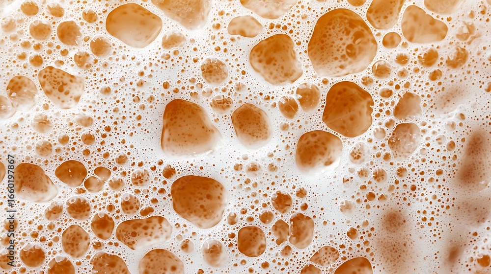 Poster an abstract close-up of bubbles and foam in a brown liquid, showcasing a textured surface with varyi
