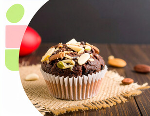 A delectable chocolate muffin, topped with nuts and white chocolate chips, sits on a rustic table setting.
