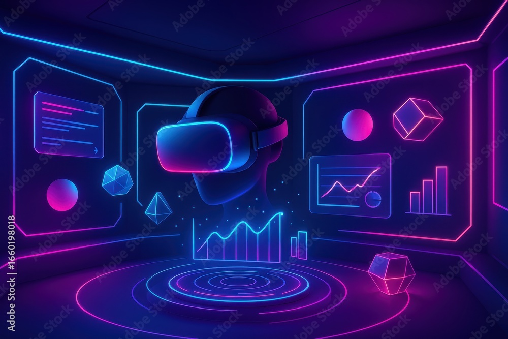 Poster futuristic virtual reality experience with neon glowing elements and data visualizations