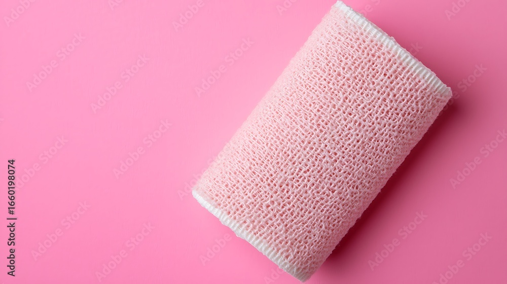 Poster a soft, textured roll of pink fabric resting on a flat pink surface, adding a touch of color and com
