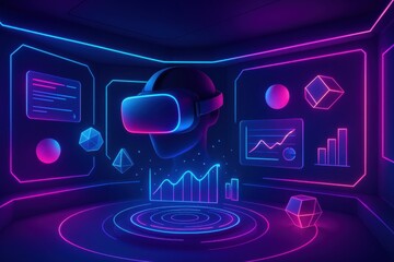 Futuristic virtual reality experience with neon glowing elements and data visualizations