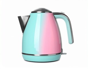 Fototapeta premium A vibrant, ombre-colored electric kettle stands out against a plain white backdrop, showcasing a stylish mix of mint green and rose pink hues.