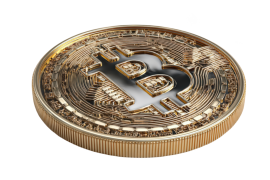 Detailed 3D rendering of a golden Bitcoin coin.  A gold-colored coin, angled, showing intricate, embossed details of the Bitcoin symbol,  with a dark gray/silver center.  Complex, layered design