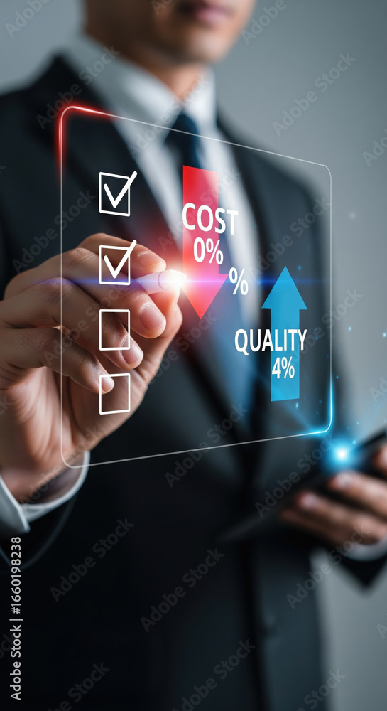 Poster businessman in suit using digital checklist interface with cost reduction and quality improvement ar