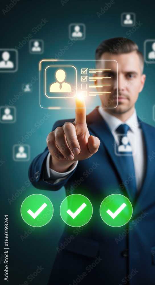 Poster businessman selecting digital profile interface, modern technology, data verification, and secure ac
