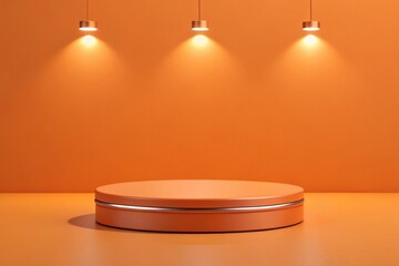 Illuminated orange podium on a textured surface with spotlights