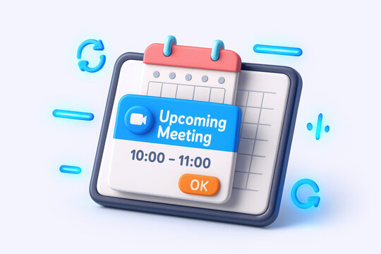 A digital calendar reminder for an upcoming virtual meeting, featuring a blue design and modern illustrations.