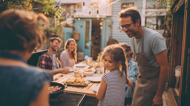 Extended family enjoying a backyard barbecue on a sunny day, highlighting intergenerational bonding, leisure time, and the importance of family connection in everyday life - Powered by Adobe