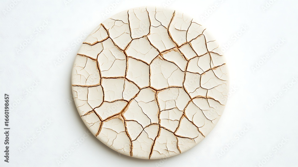 Poster a circular surface displaying a cracked texture with fine lines and a light color, resembling parche