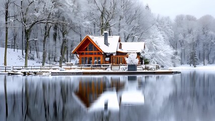 A serene winter scene featuring a house by a calm lake. The house is a twostory structure with a prominent chimney, surrounded by snowcovered trees. The lake reflects the house and trees.