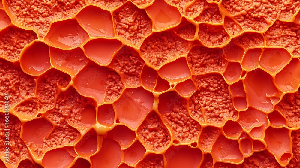Poster a vibrant close-up of textured, honeycomb-like structures in shades of orange and red, showcasing in
