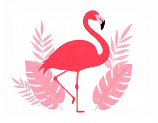 A vibrant pink flamingo stands amidst a backdrop of tropical leaves, showcasing a cheerful and playful design.