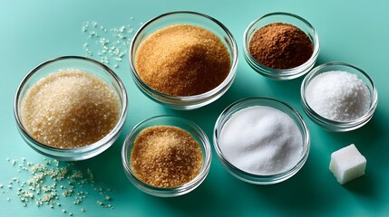 Variety of Sugar Types Displayed in Glass Bowls on Turquoise Kitchen Countertop