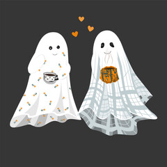 Two cute sheet ghosts in love. Ghost date with a hot drinks. Two sheet ghost holding a mugs. Halloween design element, isolated vector illustration. Fall season aesthetic cute flat design.