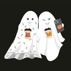 Cute Ghosts Drinking Coffee from paper cups and taking selfie. Ghosts party. Halloween card design element.