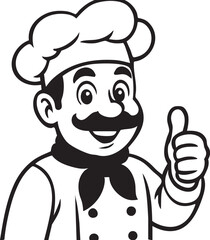 Cartoon chef illustration in black and white with hat, mustache, uniform and thumbs-up gesture for culinary branding