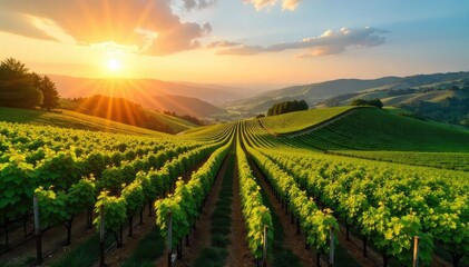 Naklejka premium Golden Hour Harvest Sun-Drenched Vineyards Rolling Across the Idyllic Countryside