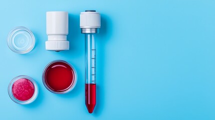 A collection of laboratory items including a test tube with red liquid and small containers, set against a bright blue background.