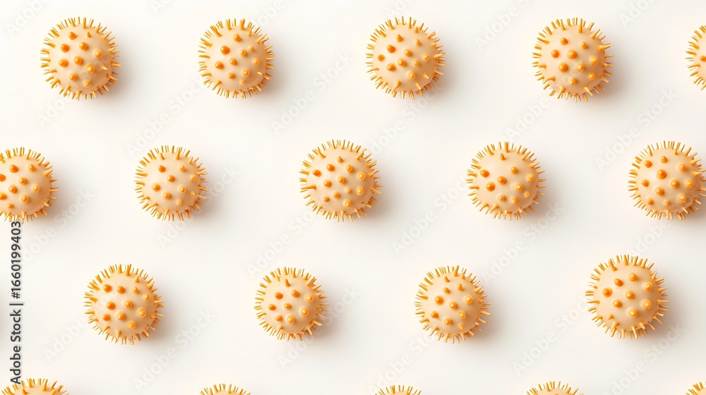 Poster a pattern of stylized virus-like shapes in an organized layout, featuring a soft color palette of or
