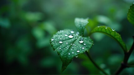 Green Leaf with Water Droplets on Surface in Lush Outdoor Setting